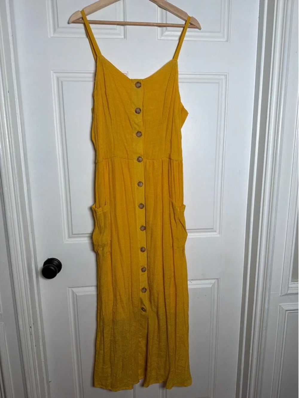 Yellow Smocked Button Down Maxi Dress Pockets